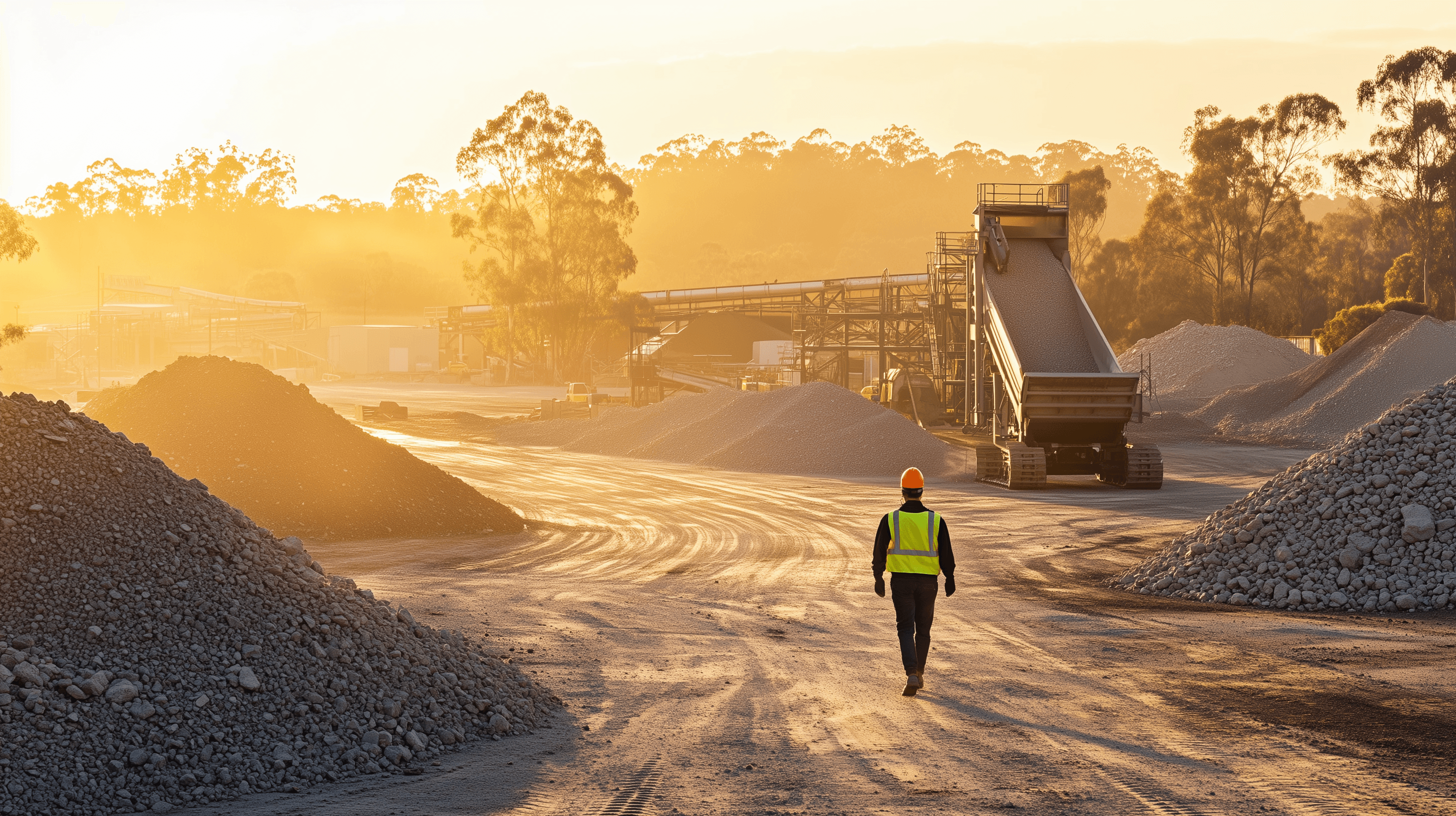 Recycled materials yard in Victoria with mobile crushing circuit and segregated stockpiles