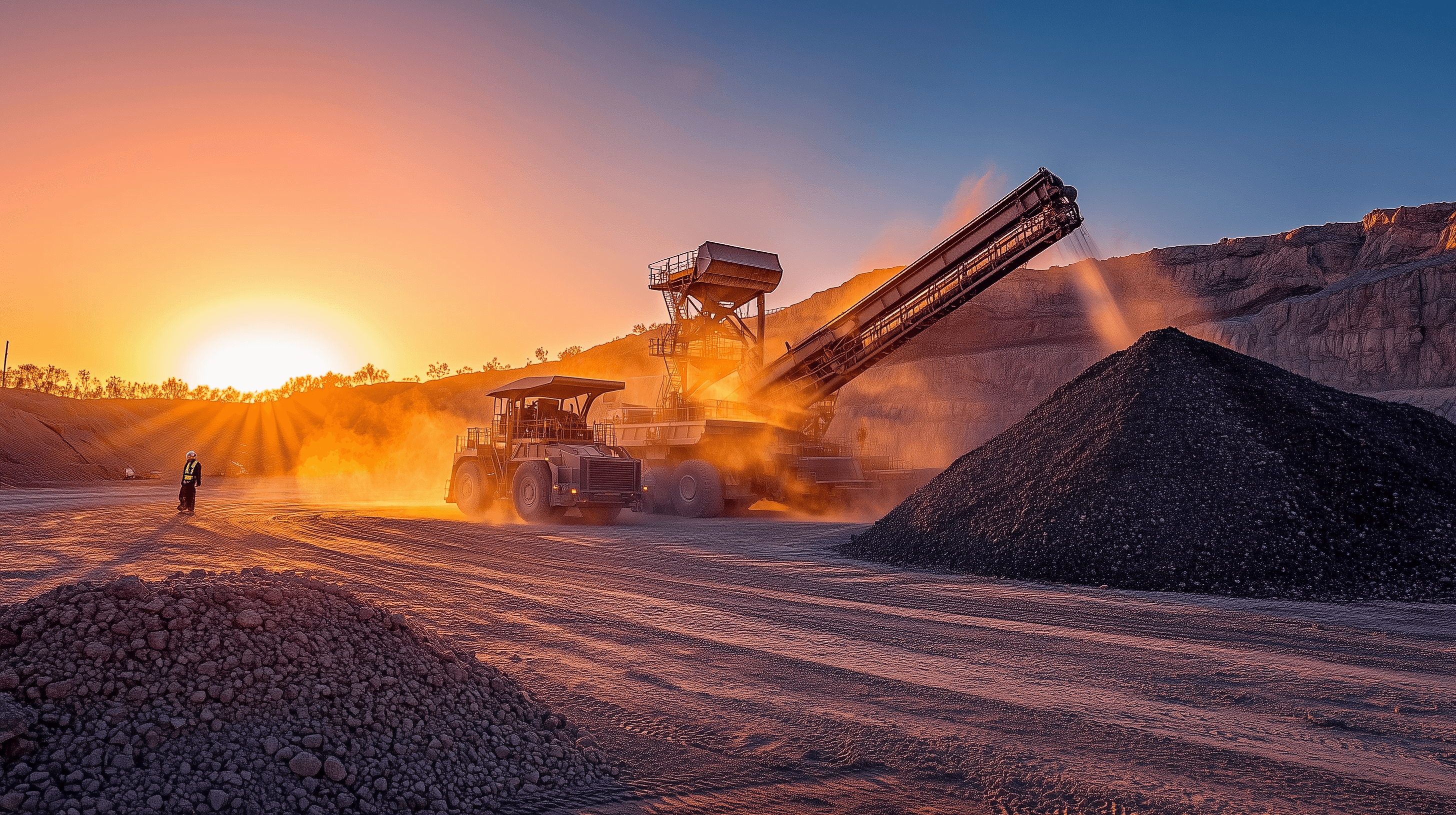 Multi-stage crushing plant operating at dawn with stockpiles and circuit at scale