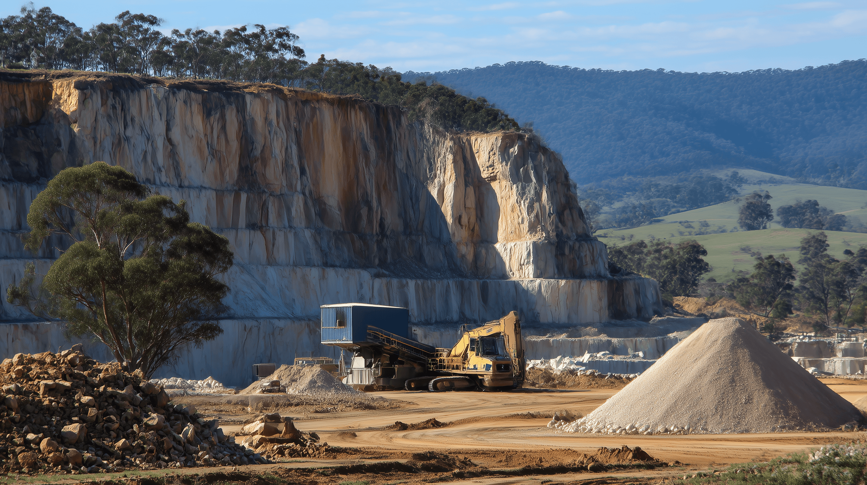Mobile crushing plant working a regional Victoria limestone quarry at sunset