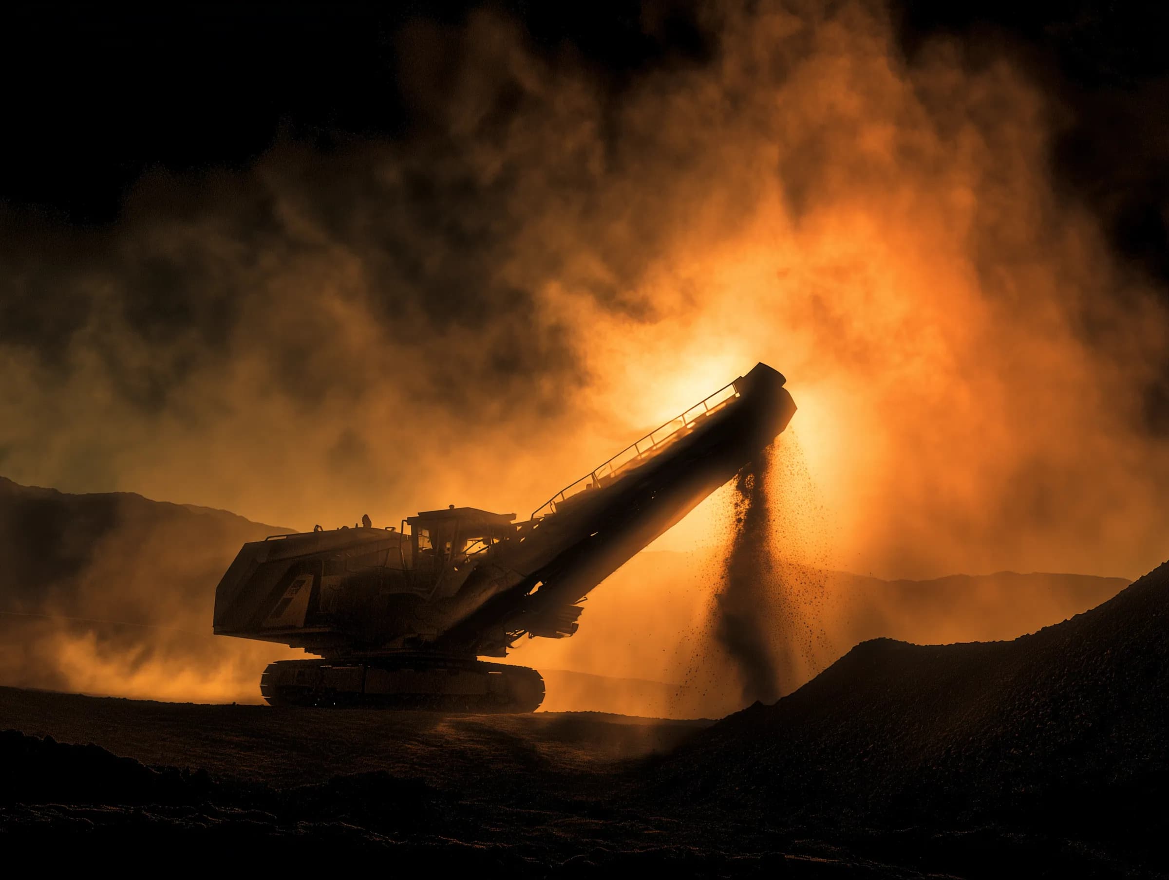 Mobile jaw crusher backlit by sunset with dust and crushed material falling into a discharge cone